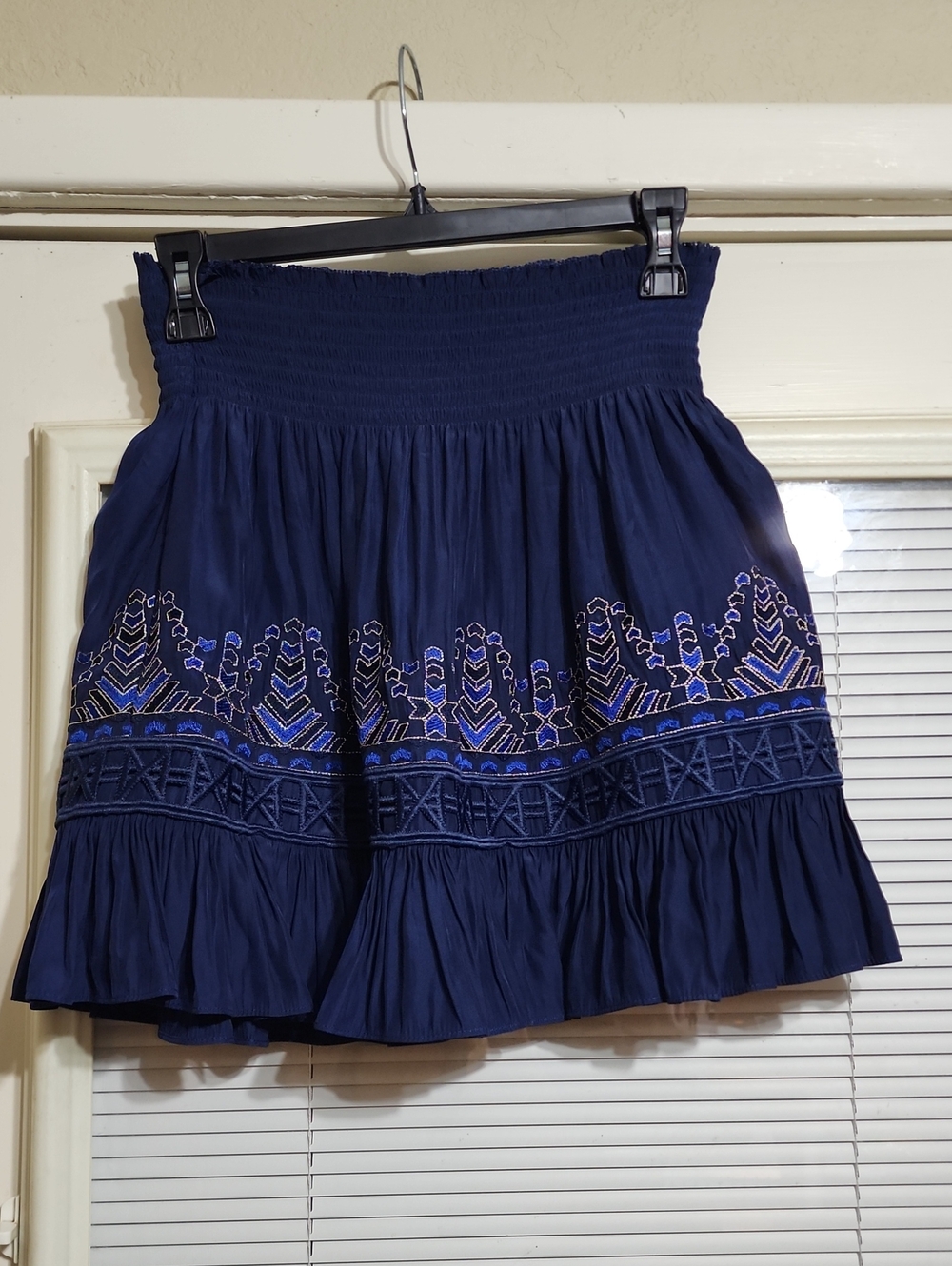 Ramy Brook Navy Blue Embroidered Smocked Mini Skirt